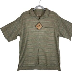 Picante Mens Large Hand Woven Cotton Shirt Short Sleeve Stripe Green Guatemala